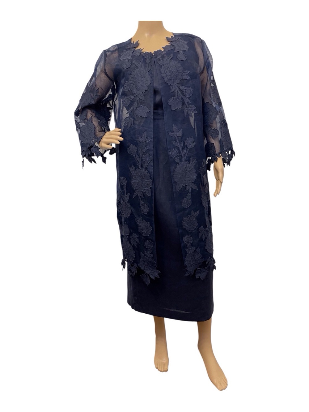 Donna Vinci Women's Navy Blue Skirt Suit with Applique Embroidery Jacket,12